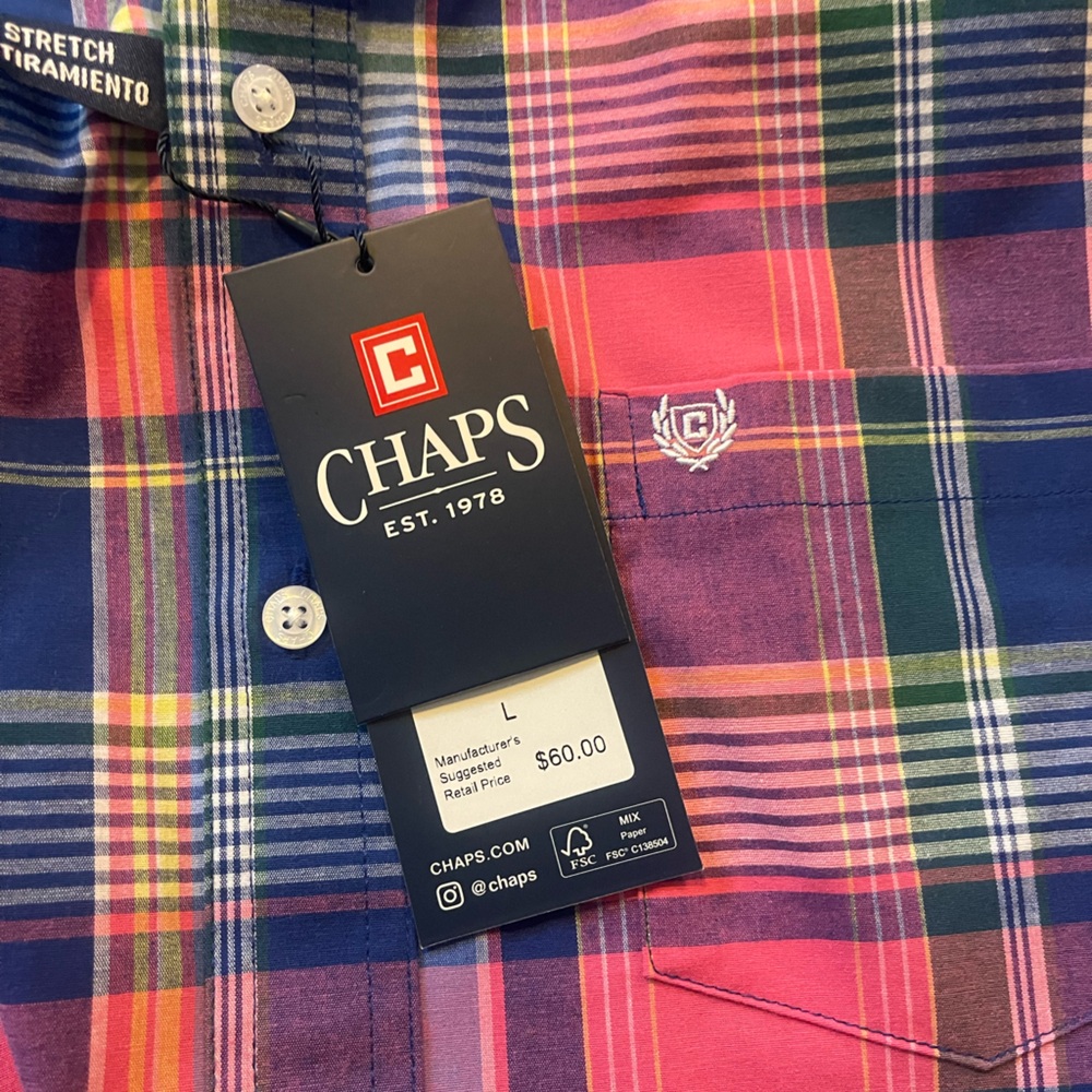 Chaps Men’s Short-Sleeve Plaid Button-Down Shirt in Pink, Blue & Green - Picture 3 of 4